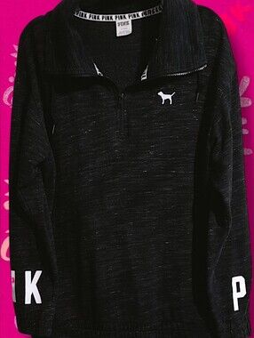 Victoria's Secret PINK Quarter Zip  Cowl Neck Heather Black Pullover Size Medium